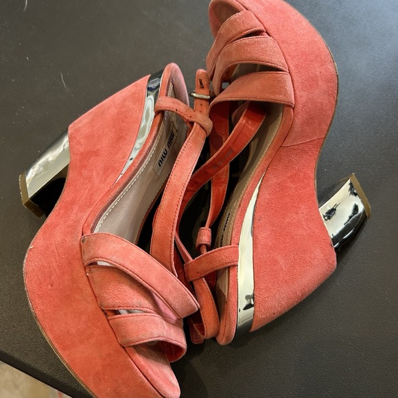 Miu Miu Suede Sandals Coral/Melon Colour Wedge Platform US 8/8.5 EU 38 1/2 - Picture 5 of 16
